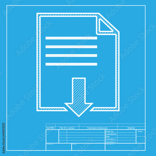 File download sign. White section of icon on blueprint template.