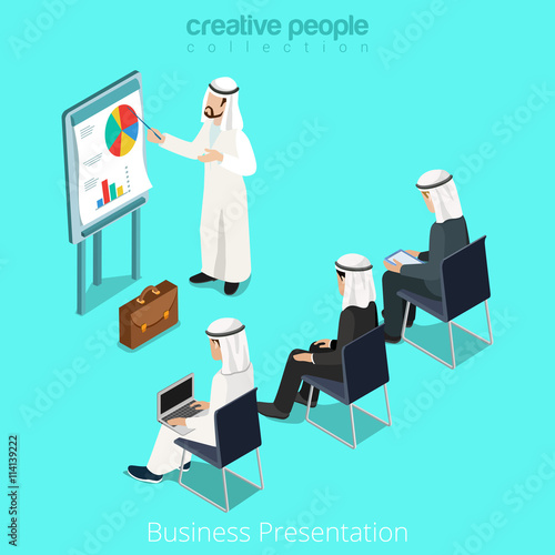 Isometric arabic islamic man business report vector illustration