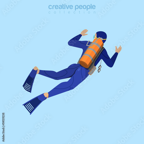 Isometric diver in aqualung back view. Flat 3d isometry style