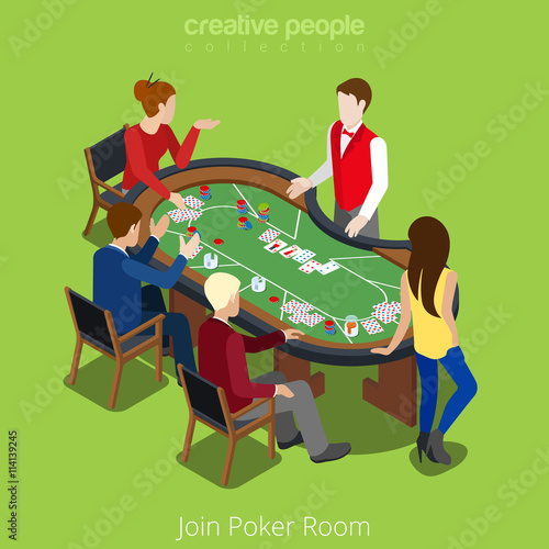 Isometric poker room vector concept. Player online casino card.