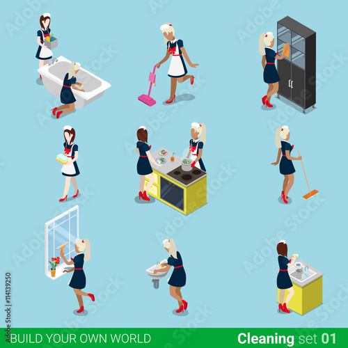 Sexy female housemaid maid cleaner flat 3d isometric vector