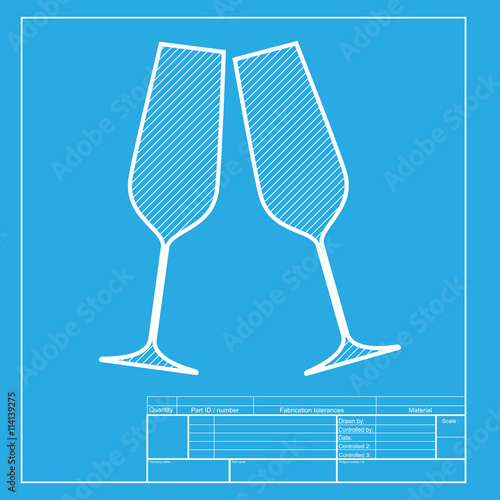 Sparkling champagne glasses. White section of icon on blueprint template.