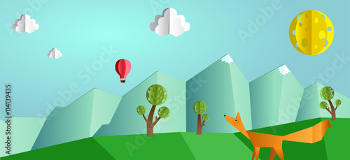 Paper pop up beautiful landscape - snow peaks, trees and fox.