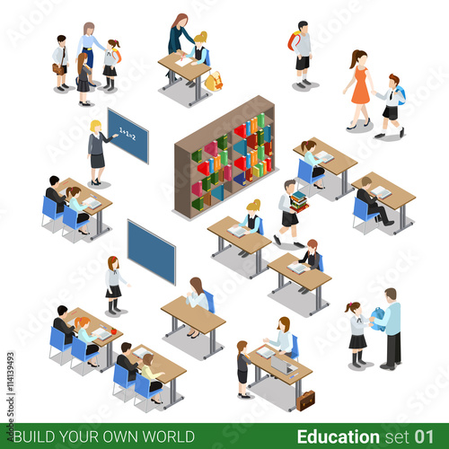 Isometric flat 3d school building teacher vector illustration.