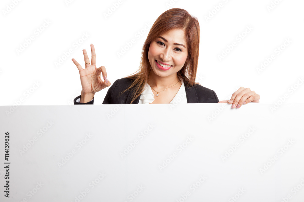 Young Asian woman show OK with blank sign Young Asian woman show OK with blank sign
