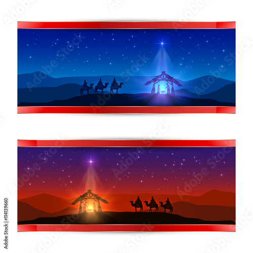 Christmas cards with star and birth of Jesus