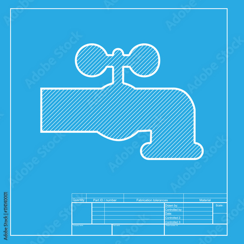 Water faucet sign illustration. White section of icon on blueprint template.