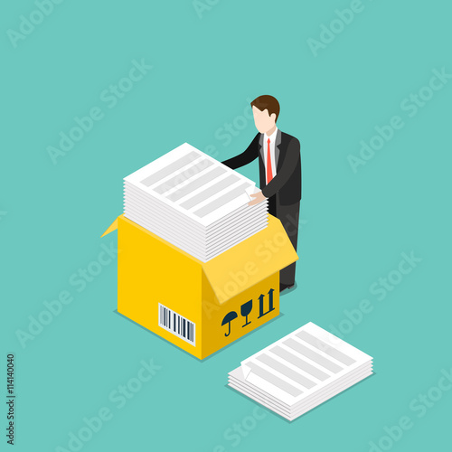 Flat 3d isometric paper work box business vector illustration