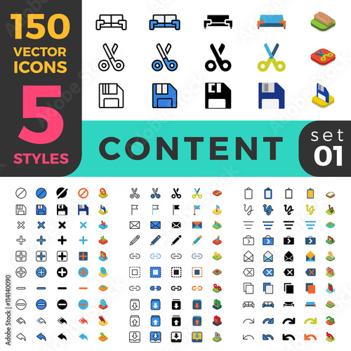 Content Management 150 line flat isometric mobile web icon set photo