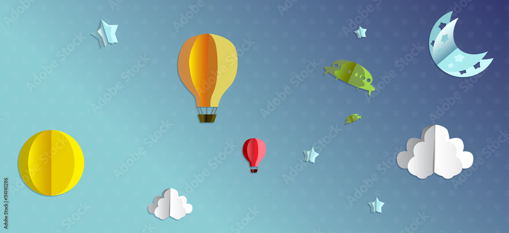 Obraz premium 3d paper flying objects - balloons, UFO, clouds, sun, moon and stars