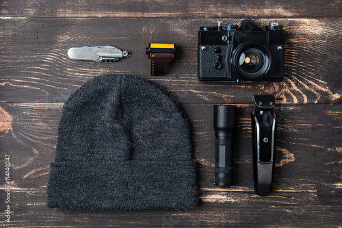 Trip concept - items of men's clothing and accessories photo