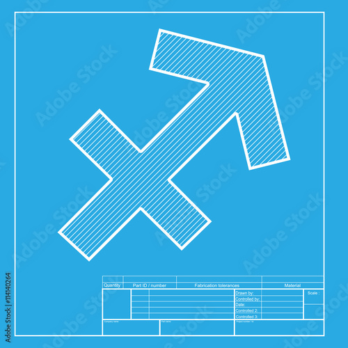 Sagittarius sign illustration. White section of icon on blueprint template.