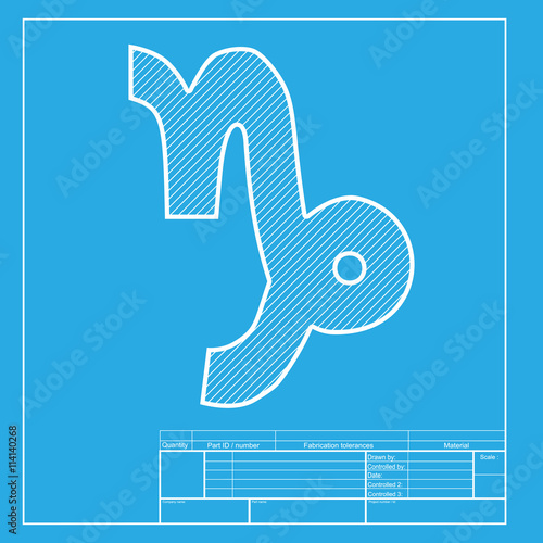 Capricorn sign illustration. White section of icon on blueprint template.