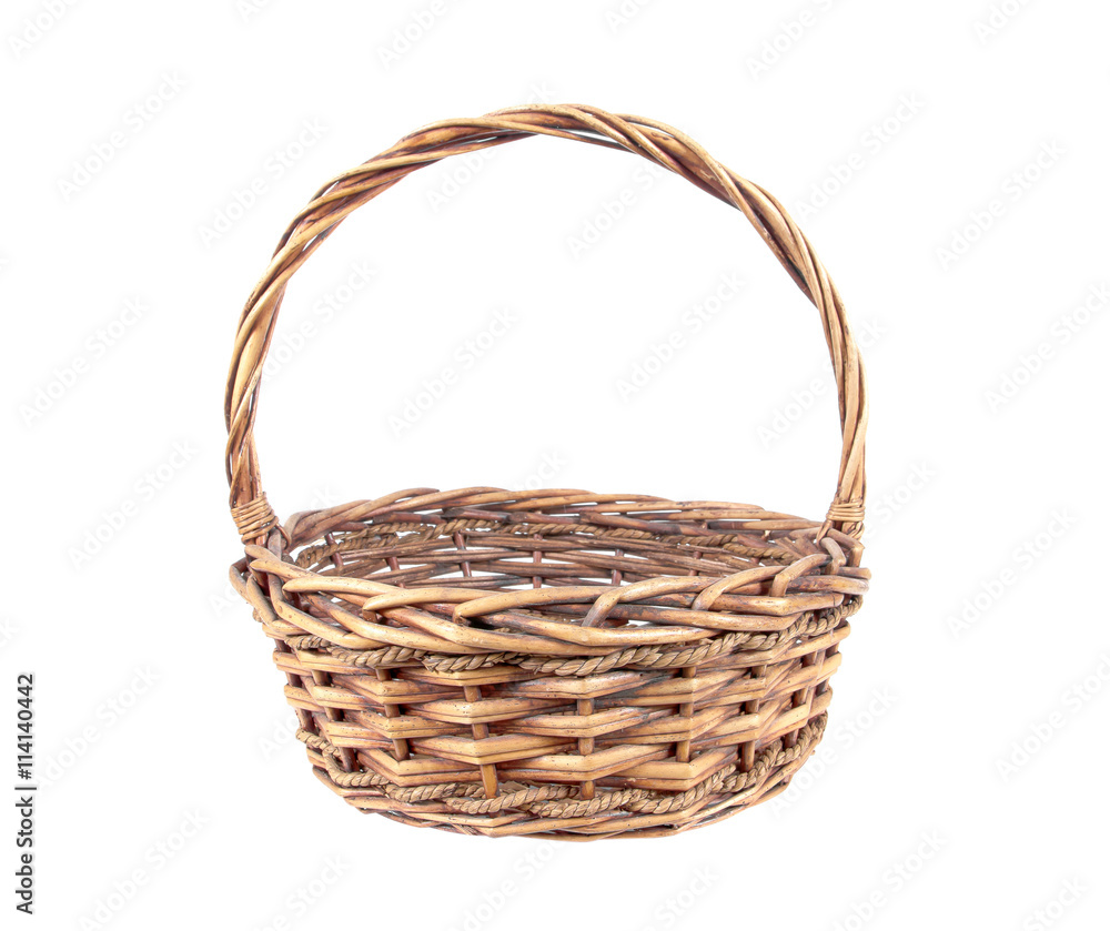 Wicker rattan basket isolated on white background.Old rattan bas Wicker rattan basket isolated on white background.Old rattan bas