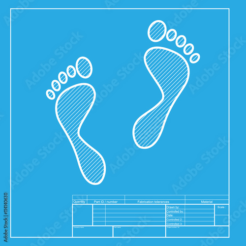 Foot prints sign. White section of icon on blueprint template.