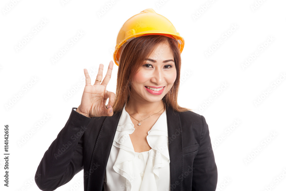 Asian engineer woman show OK sign Asian engineer woman show OK sign