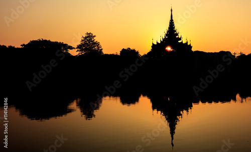 Silhouette mandalay palace at sunrise, Mandalay, Myanmar