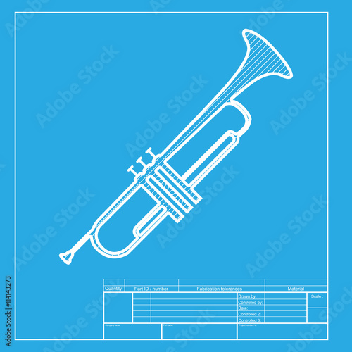Musical instrument Trumpet sign. White section of icon on blueprint template.