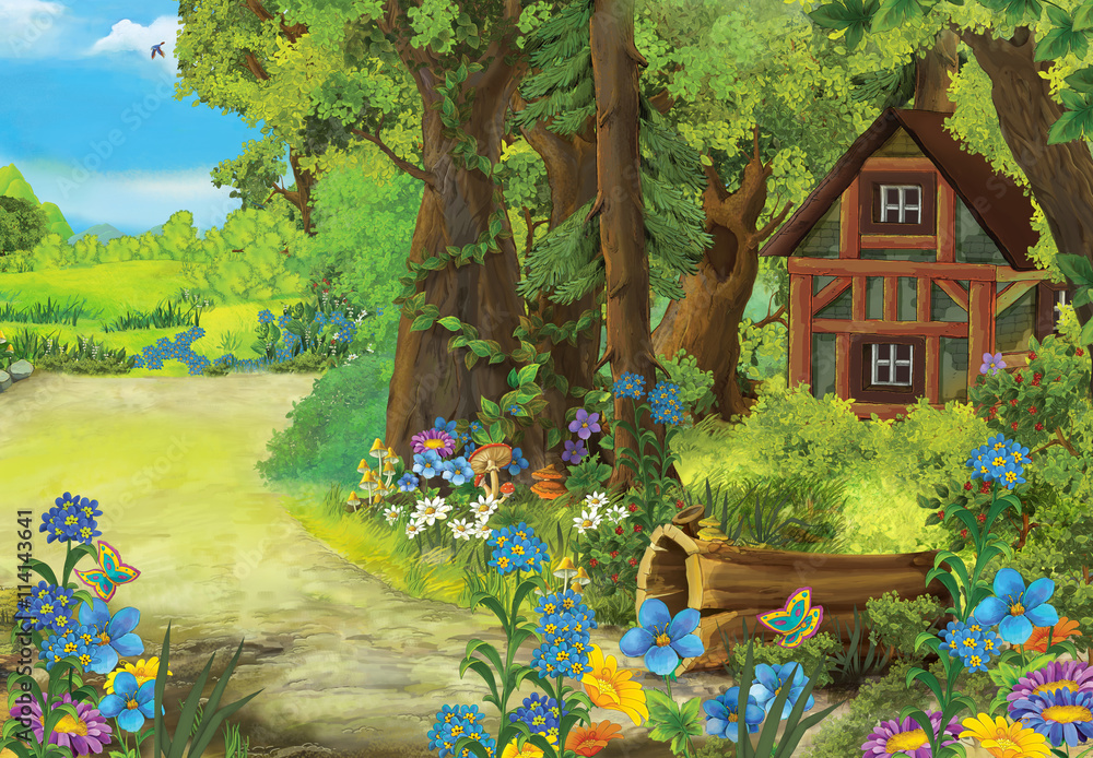 Fototapeta Kreskówki natury scena z starym domem w lesie - ilustracja dla dzieci