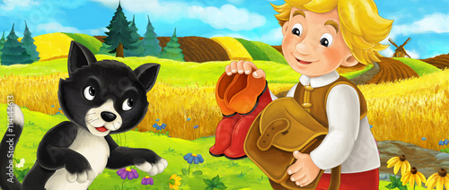 Fototapeta Naklejka Na Ścianę i Meble -  Cartoon scene of cat and a boy on the farm field - boy is giving a gift to a cat - illustration for children