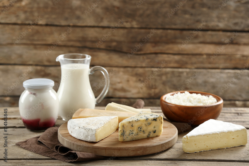 Dairy products on wooden table Dairy products on wooden table