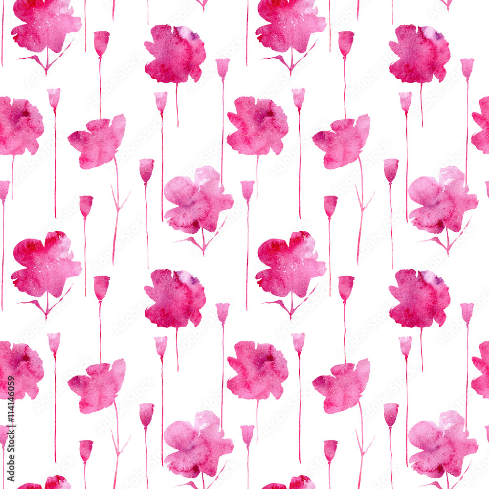 Fototapeta Poppy flowers from watery stains.Floral seamless pattern.Watercolor hand drawn illustration.White background.