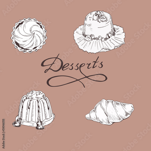 Set of desserts on pastel beige background. Cartoon sketch drawn by ink. Hand drawn vector illustration.