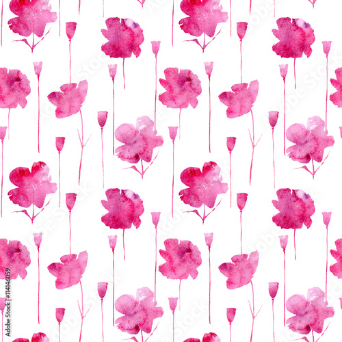 Poppy flowers from watery stains.Floral seamless pattern.Watercolor hand drawn illustration.White background.