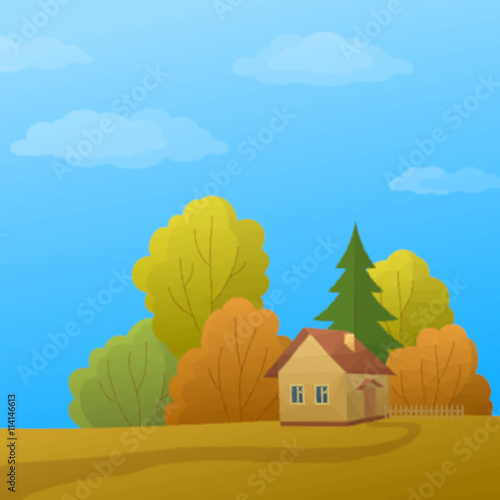 Landscape, Country House in Autumn Forest with Coniferous and Deciduous Trees and Blue Sky with Clouds, Low Poly. Vector