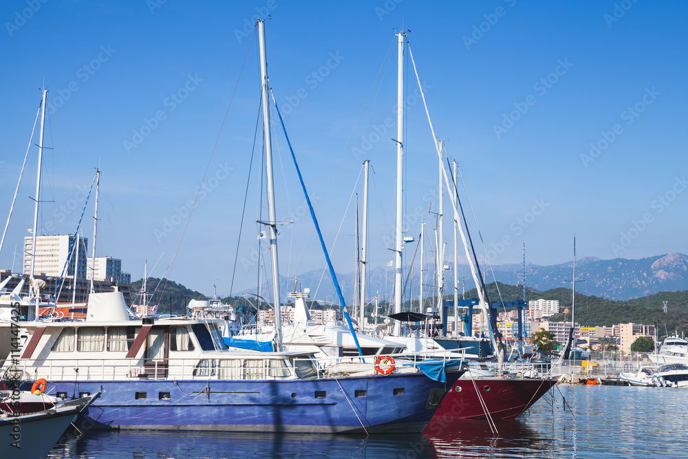 Sailing yachts moored in port of Ajaccio