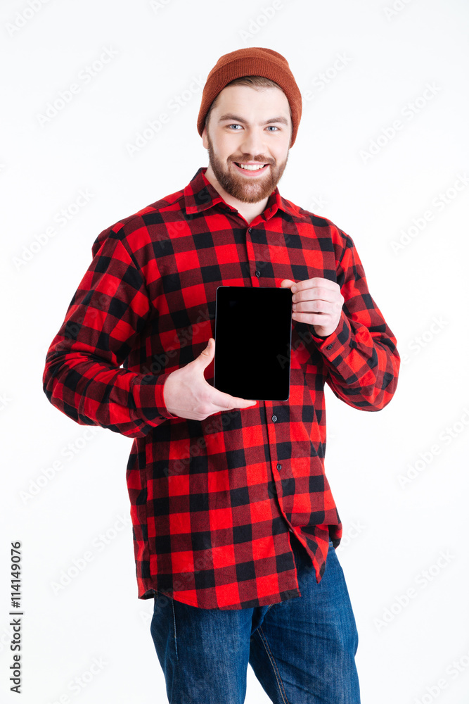 Close-up portrait of guy holding tablet with blank screen Close-up portrait of guy holding tablet with blank screen
