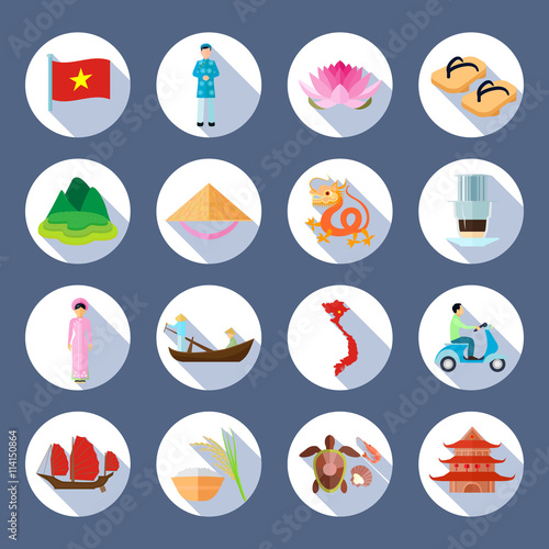 Vietnamese Symbols Flat Round Icons Set