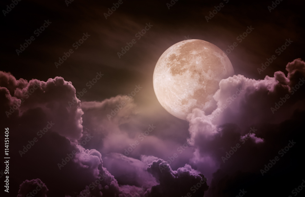 Nighttime sky with clouds, bright full moon