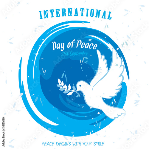 Single dove carrying an olive branch on a circular brush stroke design with grungy effect on a white background for International Peace Day