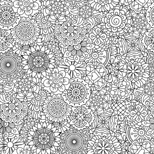 Detailed floral disk shapes as seamless pattern with subtle heart and radiating wavy objects