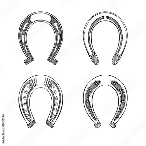 Hand drawn vector illustration - Set of horseshoes. Vintage