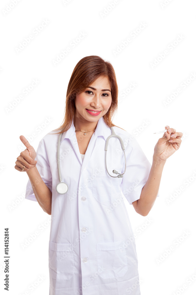 Young Asian female doctor thumbs up with thermometer Young Asian female doctor thumbs up with thermometer