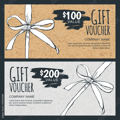 Vector gift voucher template with hand drawn bow ribbon and craft paper texture. Vintage cardboard holiday cards. Design concept for gift coupon, invitation, certificate, flyer, banner, ticket.
