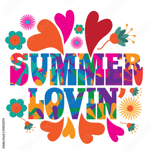 Sixties style mod pop art psychedelic colorful Summer Lovin text design. EPS 10 vector.