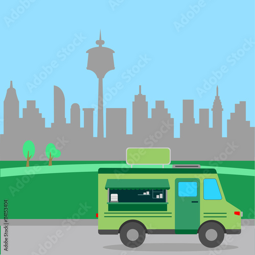 Street food truck vector illustration, food caravan. Green food mobile van store with city background