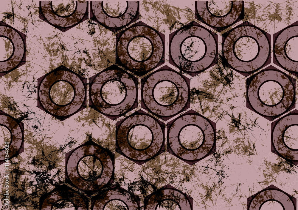 Hand drawn background with tools in violet colors. Abstract grunge banner with screw nuts. Old texture with cracks and attrition