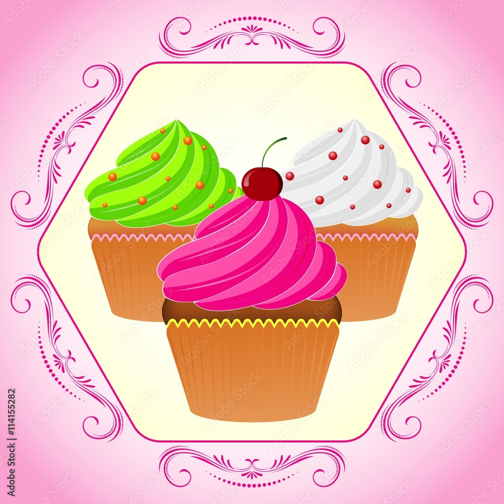 Vector illustration. Bright Cupcakes Set in fancy frame Vector illustration. Bright Cupcakes Set in fancy frame