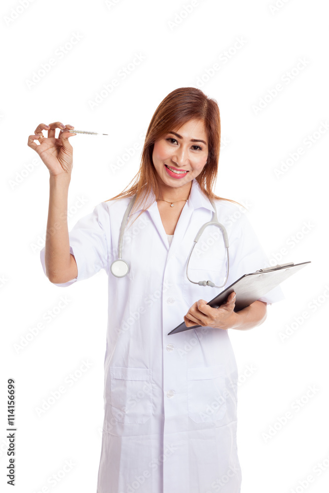 Young Asian female doctor with thermometer and clipboard Young Asian female doctor with thermometer and clipboard