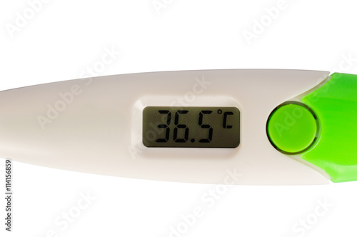 Electronic Body Thermometer showing healthy human body temperature is 36.6 degrees (Celsius). Isolated on white background.