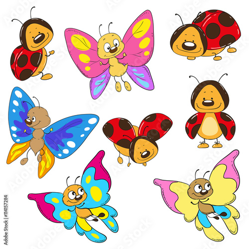 Set butterflies and ladybugs. Cartoon insect vector © hibousunart