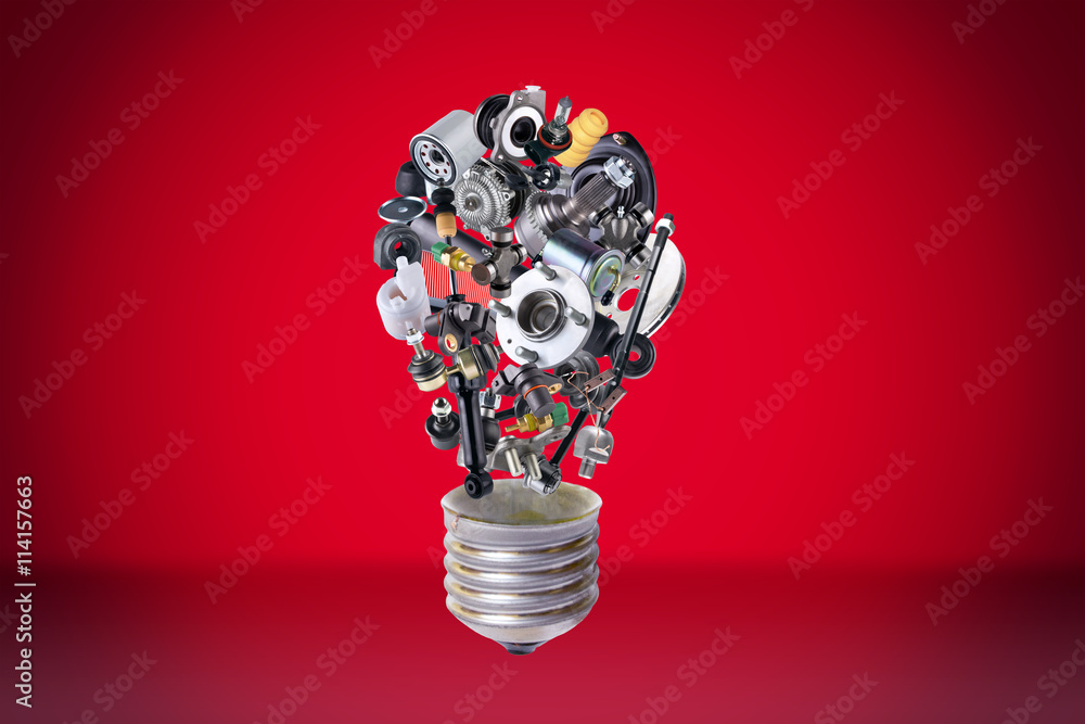 Auto spare parts items in bulb idea. New original equipment spare parts