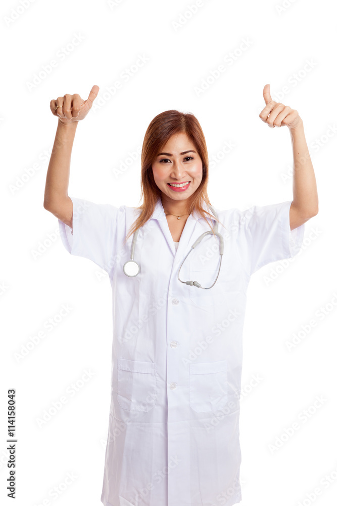 Young Asian female doctor show two thumbs up Young Asian female doctor show two thumbs up