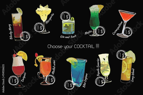 Cocktail set with price on chalk board. Template cocktail menu. 