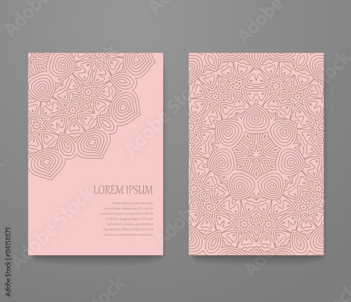 Business card with trendy colors rose quartz and serenity. Flyer template set, invitation collection, abstract elegant pattern vector design.