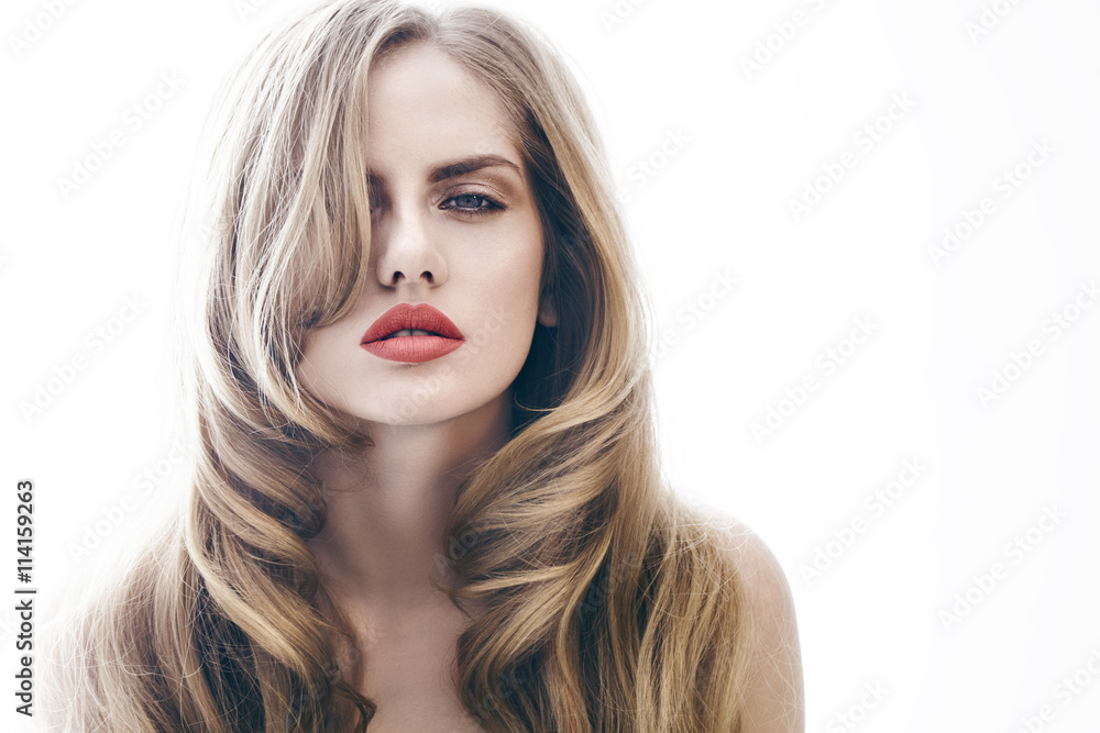 girl with red lips and healthy hair on the white background girl with red lips and healthy hair on the white background